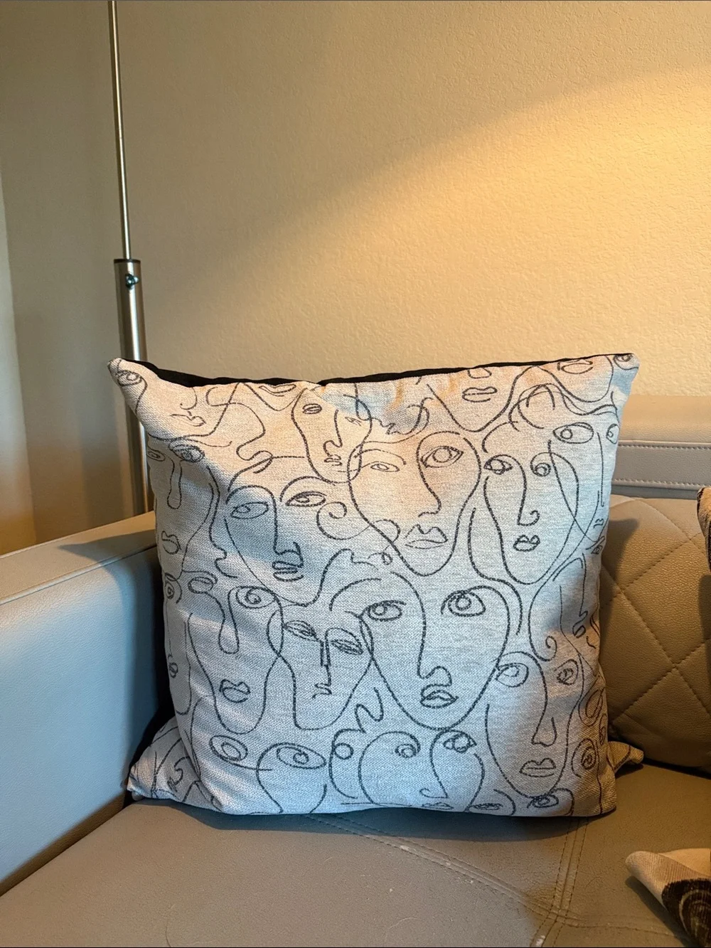 Abstract Faces Throw Pillow in Light Gray and Black